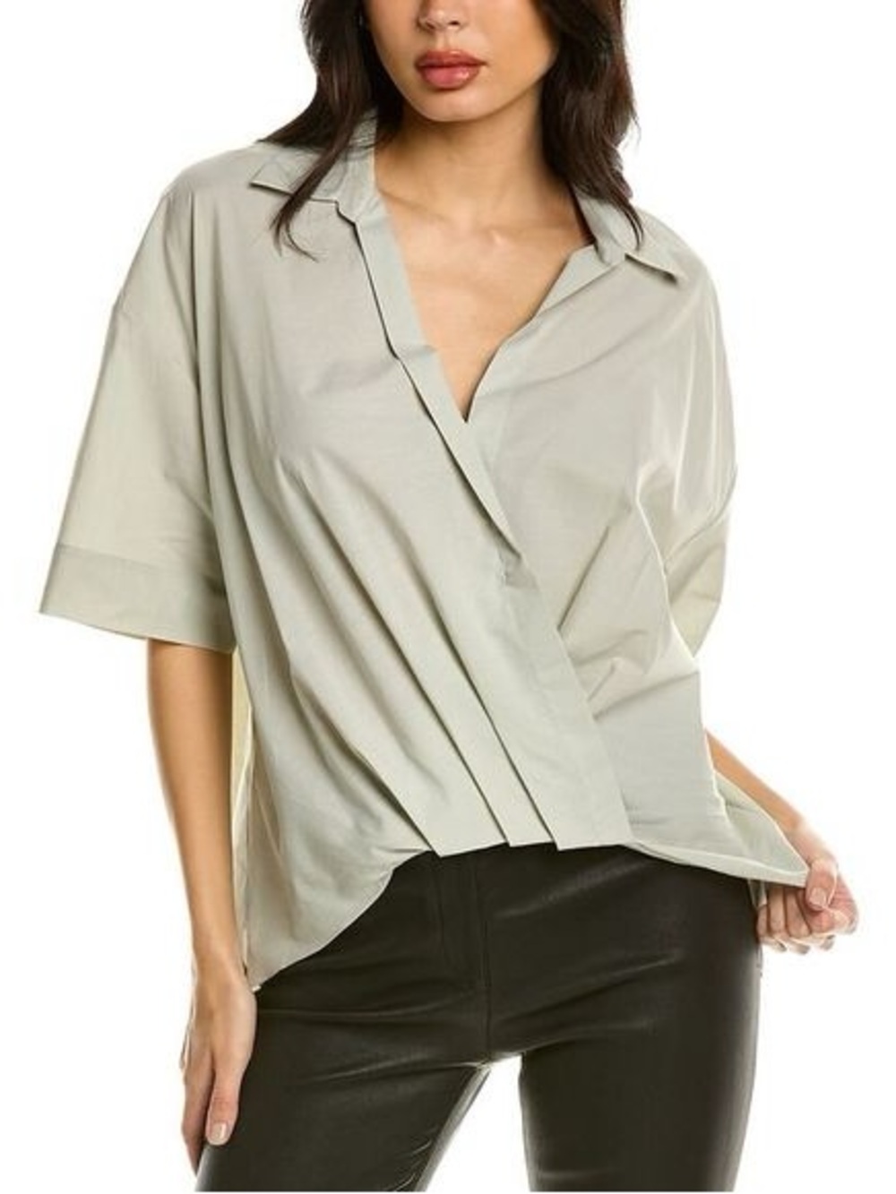 Theory Icon Twist Shirt Sage Wrap Front Button Down Draped Workwear Blouse